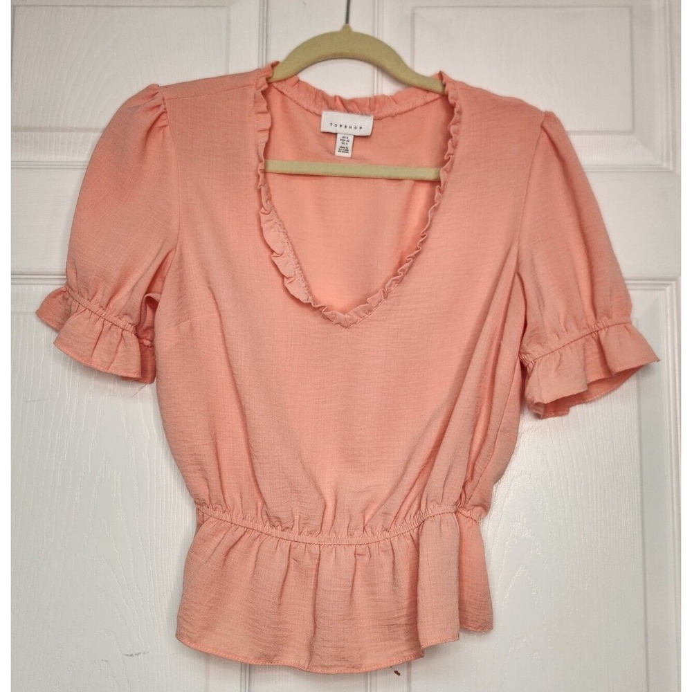 TOPSHOP Morgan Ruffle Womens V-neck Top Coral Pink Peplum Size 4 Romantic